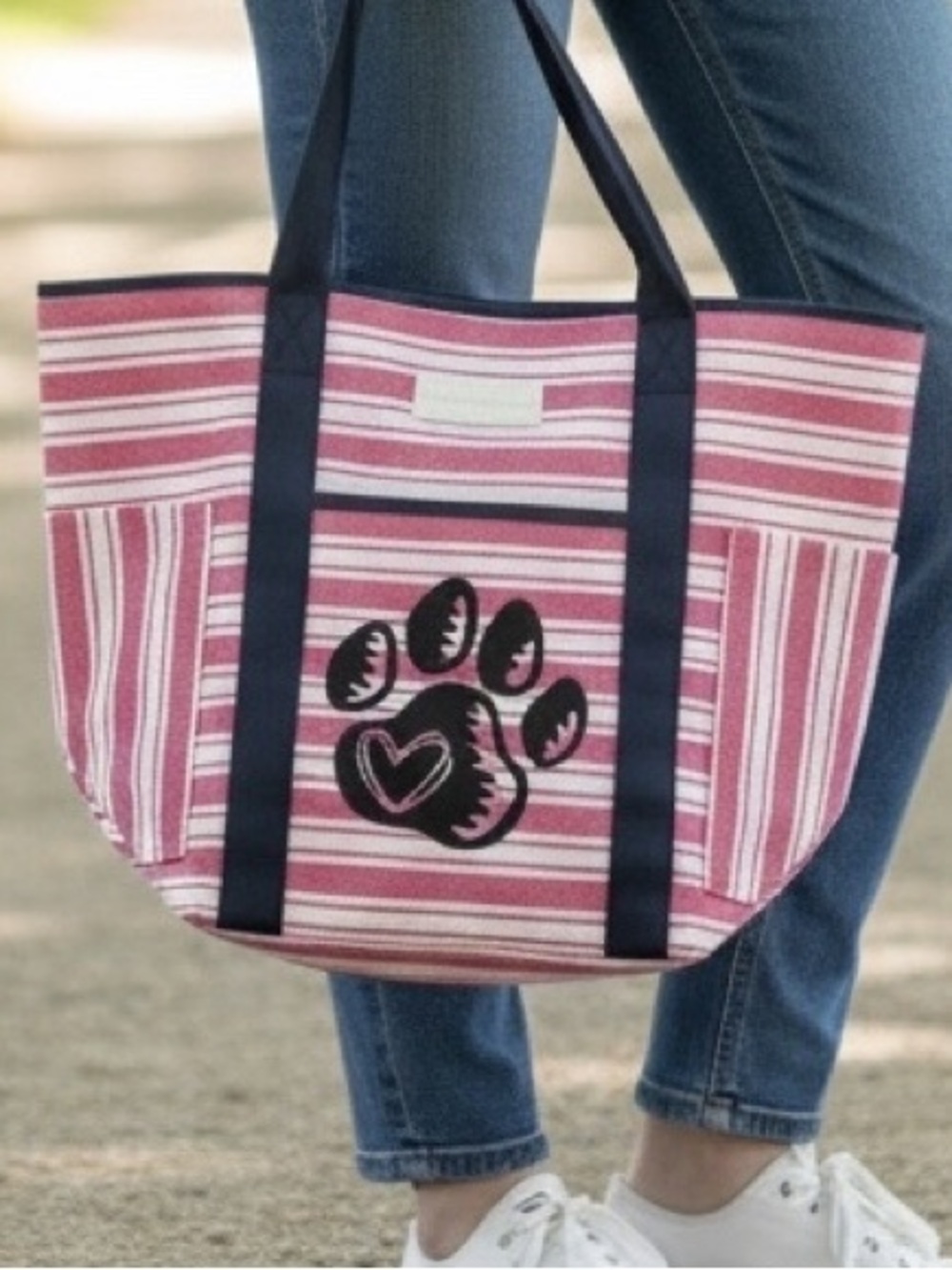 Handmade Red Stripe Paw Print Beach Tote Bag | NWT Large Canvas Beach Bag